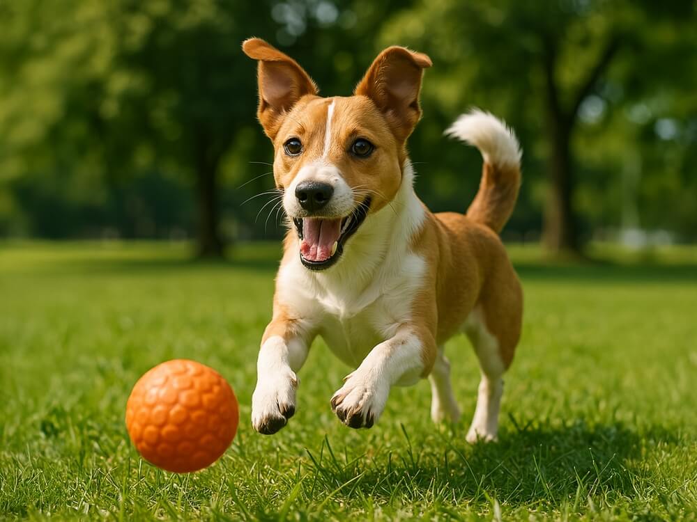 A Happy Small Dog Joyfully Runs Through A Green Park Chasing An Orange Ball